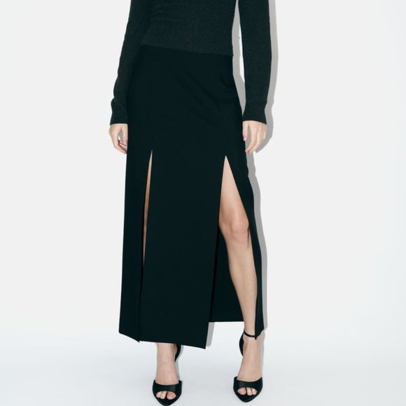 NWT 100% WOOL DOUBLE SPLIT MIDI BLACK SKIRT